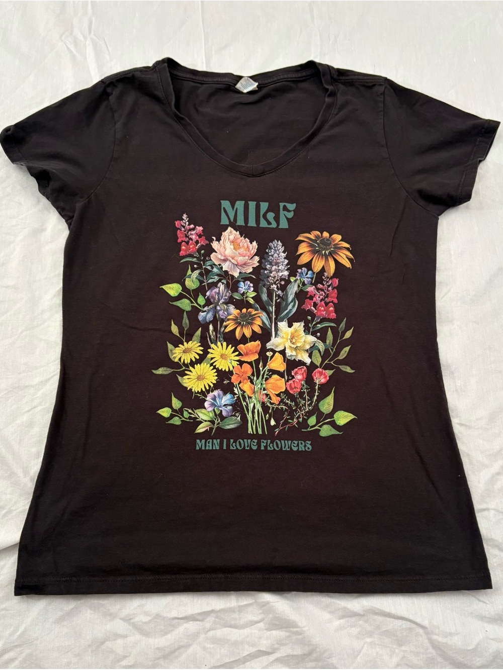 Port & Company Women’s MILF Man I Love Flowers Floral Graphic V-Neck Tee